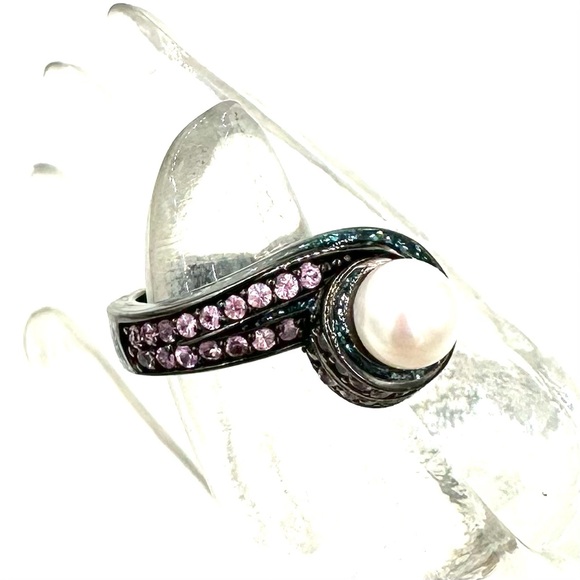 MCL Matthew Campbell Laurenza Ring Pearl Sapphire Enamel Black Rhodium Silver 7 - Picture 1 of 13
